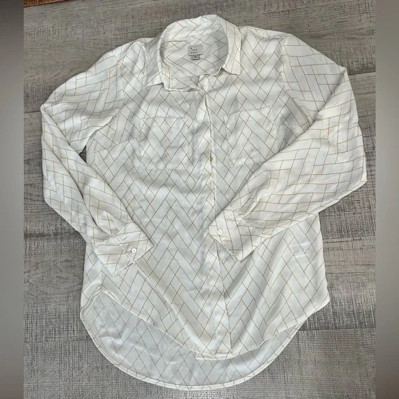 A New Day White Sheer Button Up Long Sleeve Shirt w/ Yellow Plaid Pattern Size S - Picture 2 of 11
